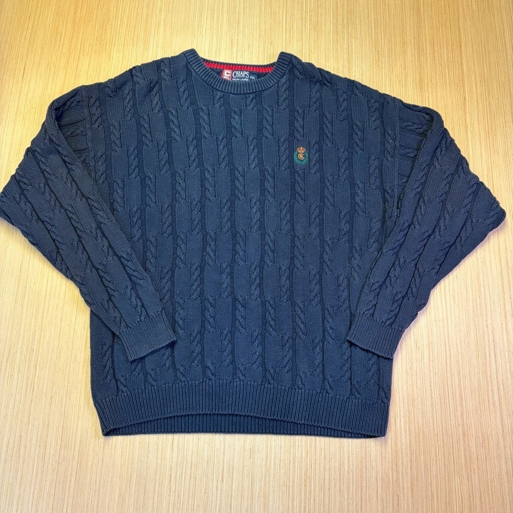 Vintage Chaps Ralph Lauren Sweater Men XXL 2XL Navy Cableknit Crewneck Crest